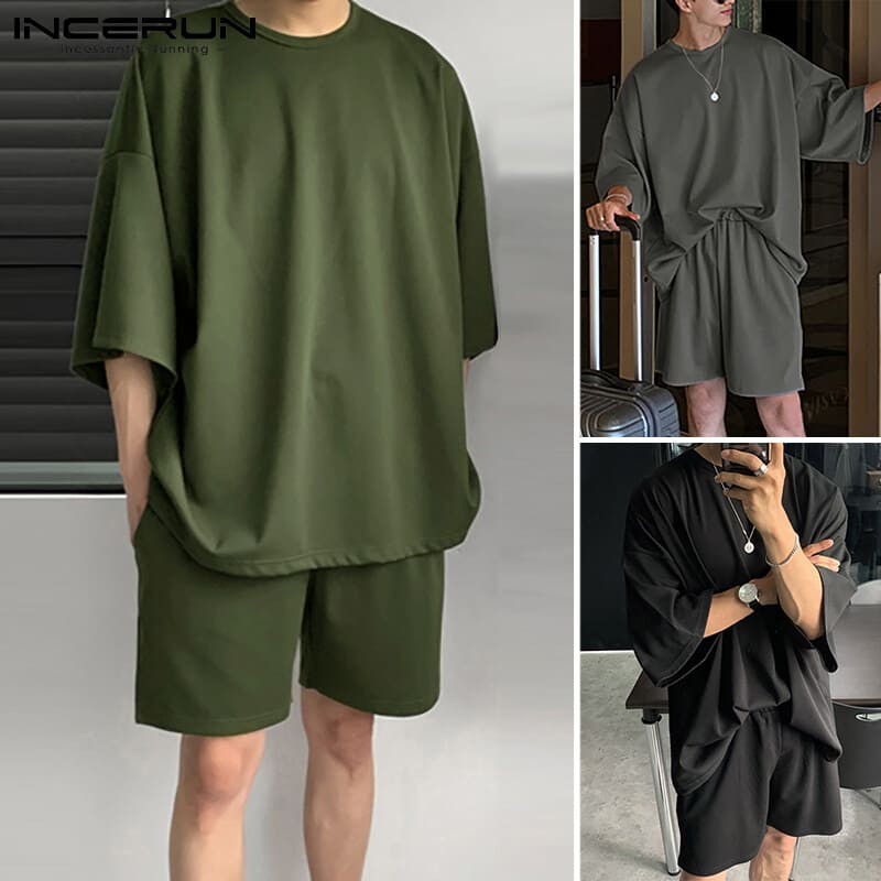 Beehoo INCERUN Mens Short Sleeve Soft Pajamas T Shirt Shorts Suits Sleepwear Suits Lounge Sets